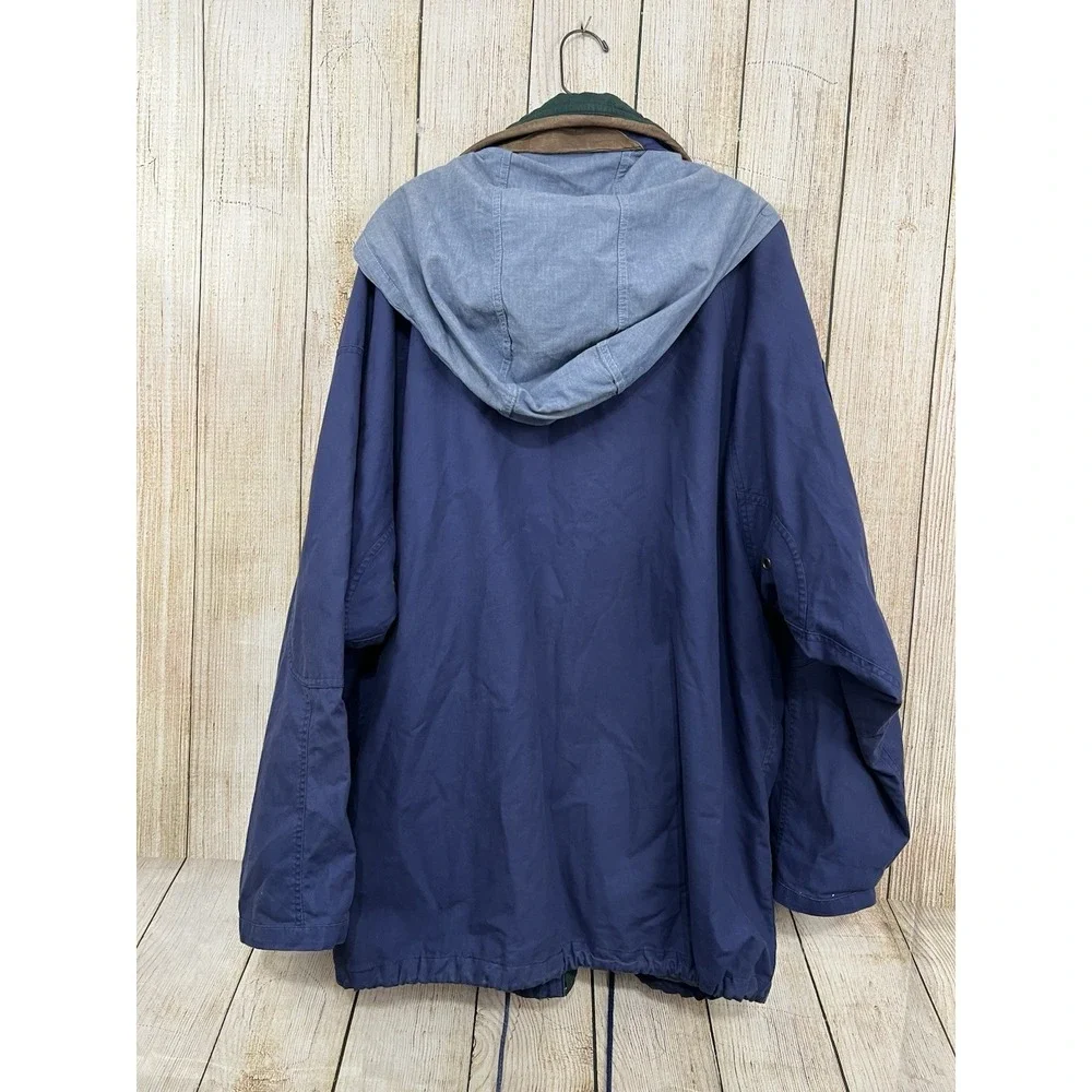 Vtg 90s Barn Coat Men L Blue Cotton Leather Accents Trim Gorpcore Grunge Retro